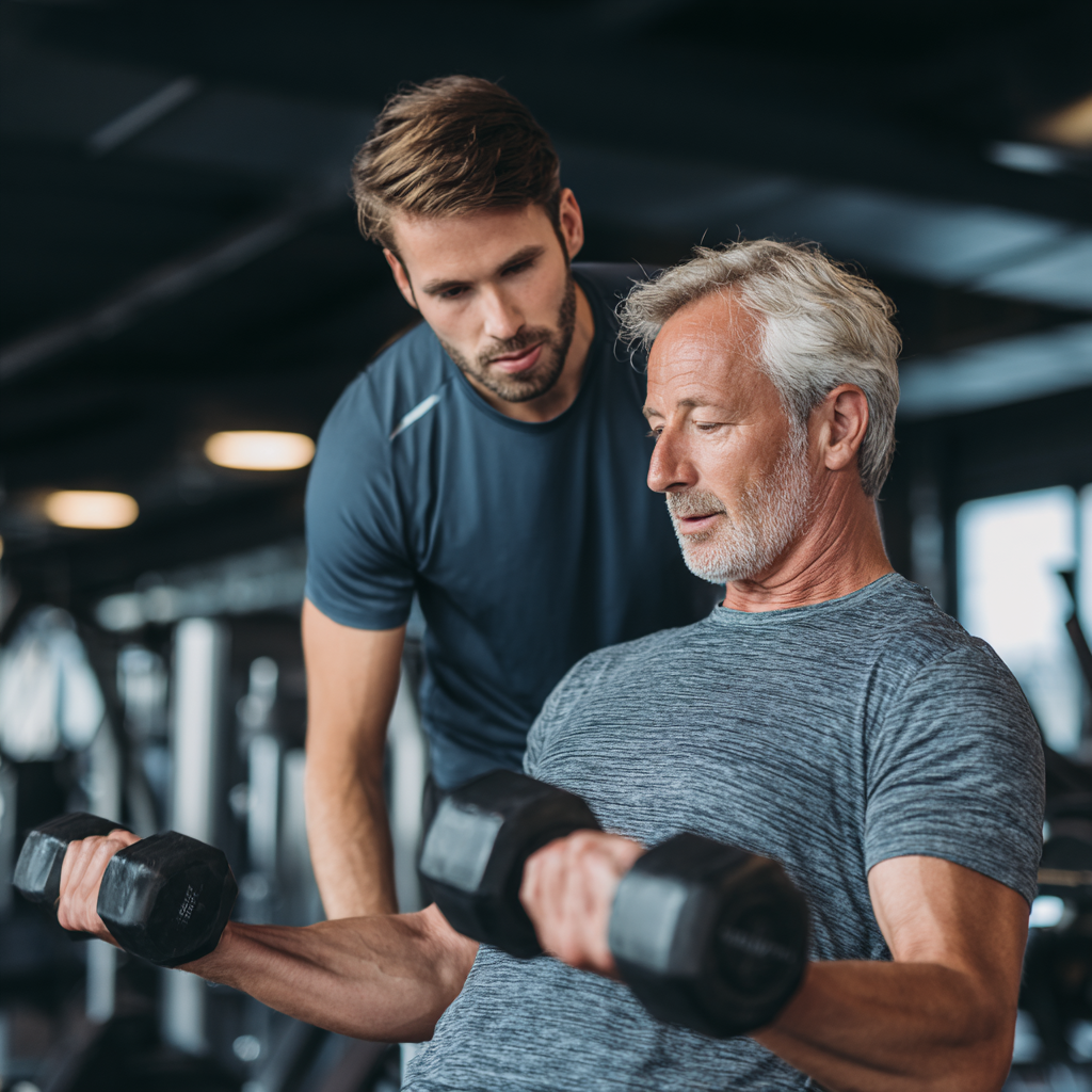 Мъж на 52 години работи с персонален треньор в модерна фитнес зала, фокусиран върху правилната техника на упражненията