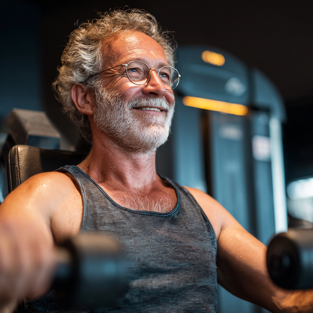 Мъж на 55 години тренира в модерен фитнес център, усмихнат и мотивиран по време на силова тренировка