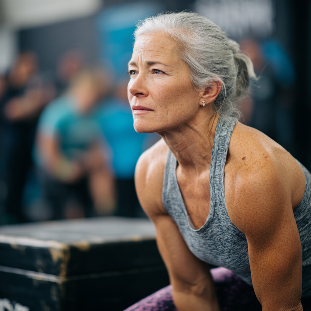 Жена на 58 години участва в групово кросфит занятие, демонстрираща отлична форма и концентрация