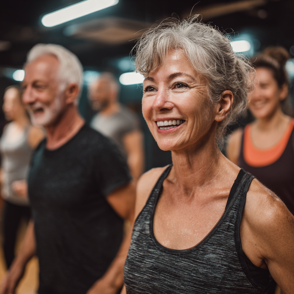 Група от мъже и жени на възраст 50-60 години участват в енергично групово занятие, всички усмихнати и мотивирани